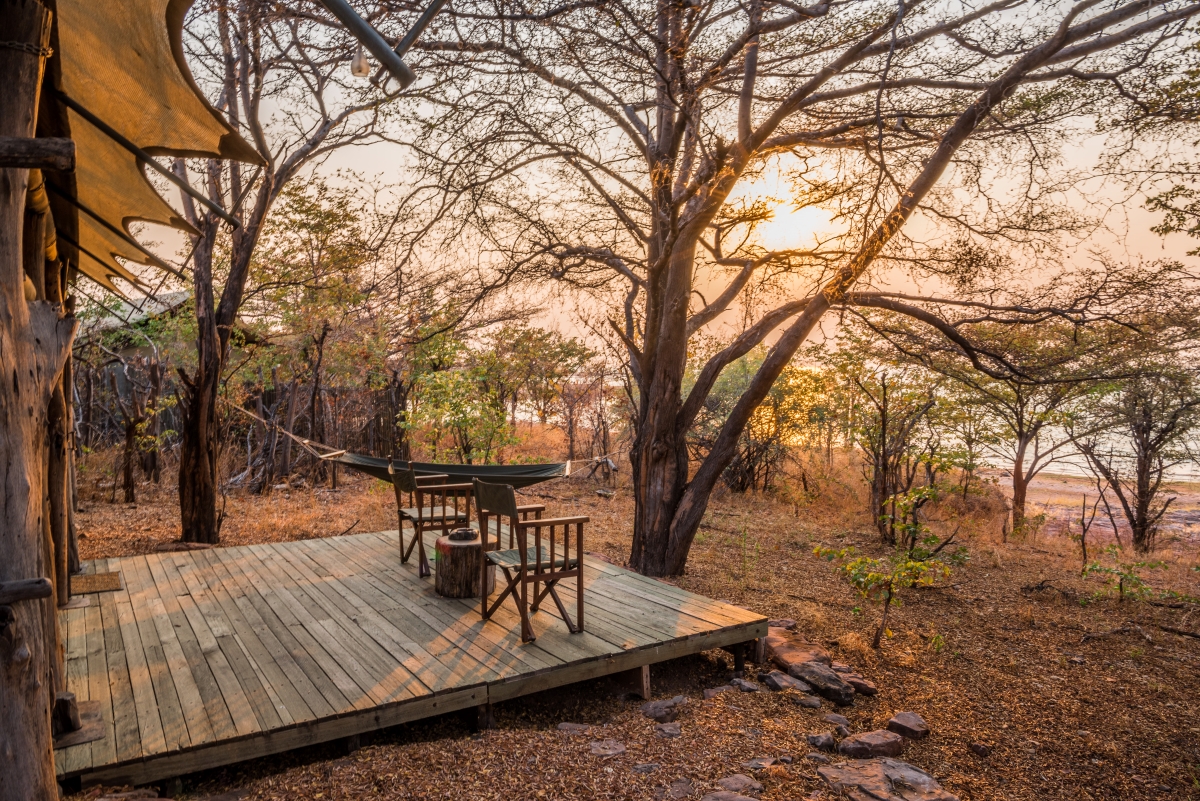 Safari tent deck with table and chairs surrounded by mopani trees