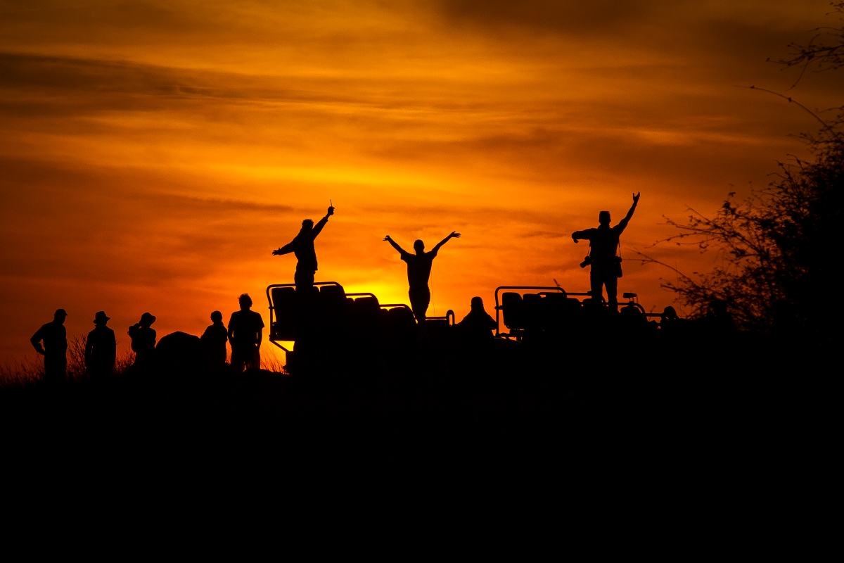 Silhouette at sunset of a multi-generational family safari 