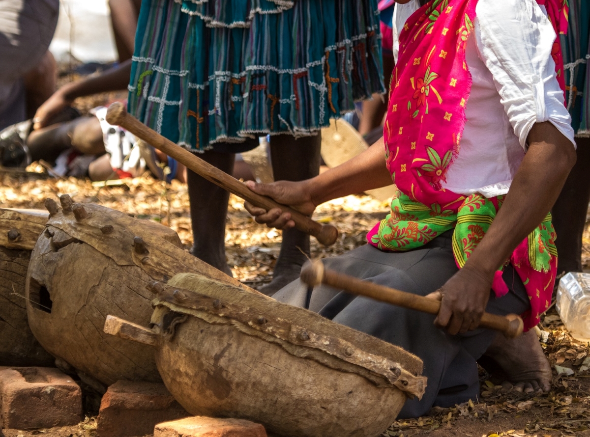 Traditional drums being played by villagers