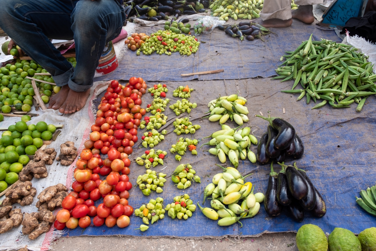 Fresh fruit laid out on a tarp on the floor