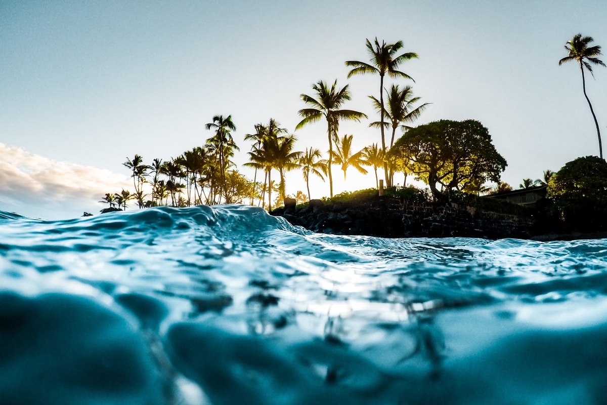 Beautiful Tropical Island Paradise Photo from Swimming In Clear Aqua Blue Ocean Water with Colorful Sky and Orange Clouds at Sunrise with Sun Rays Coming Through Bright Green Palm Trees in Maui Hawaii