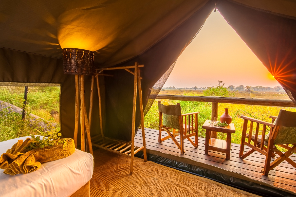 Tented room interior with view