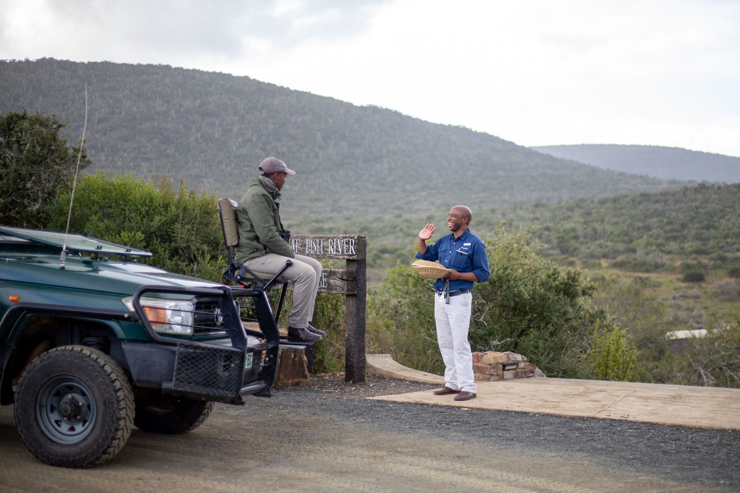 Staff greets guests at entrance of Great Fish River Lodge in Kwandwe Private Game Reserve