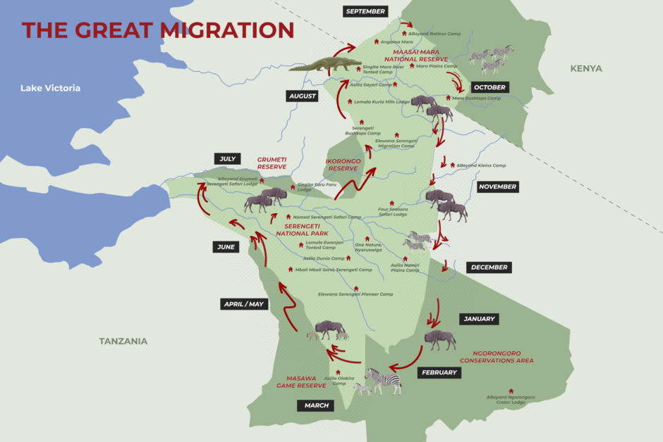 A map of the Great Wildebeest Migration in East Africa featuring some of our favourite places to stay