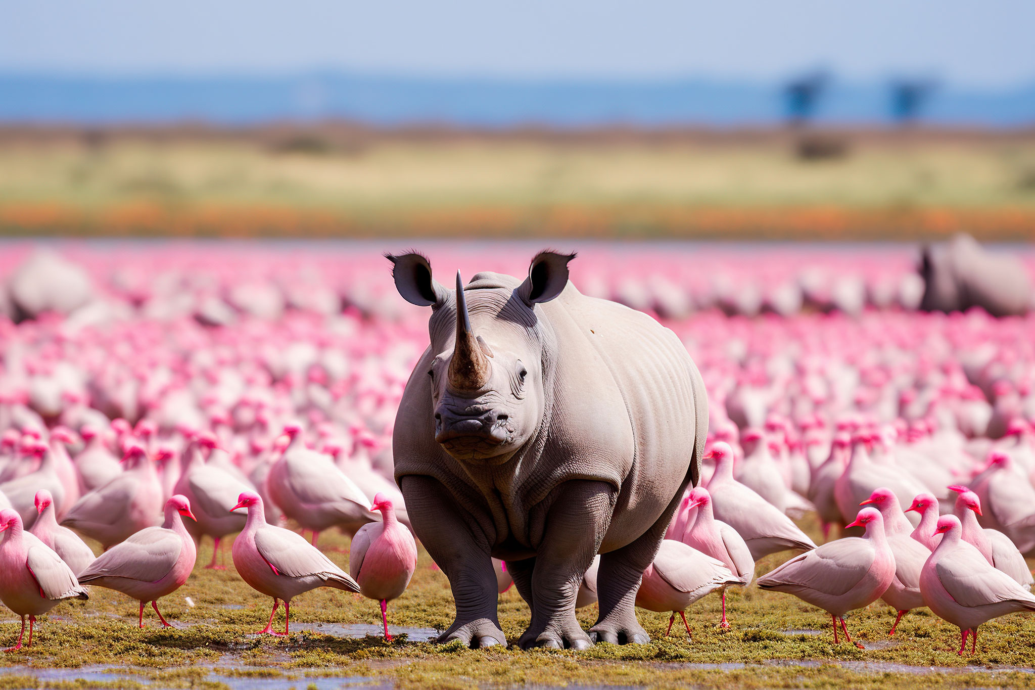 Rhino and pink flamingo background in Africa, AI generative