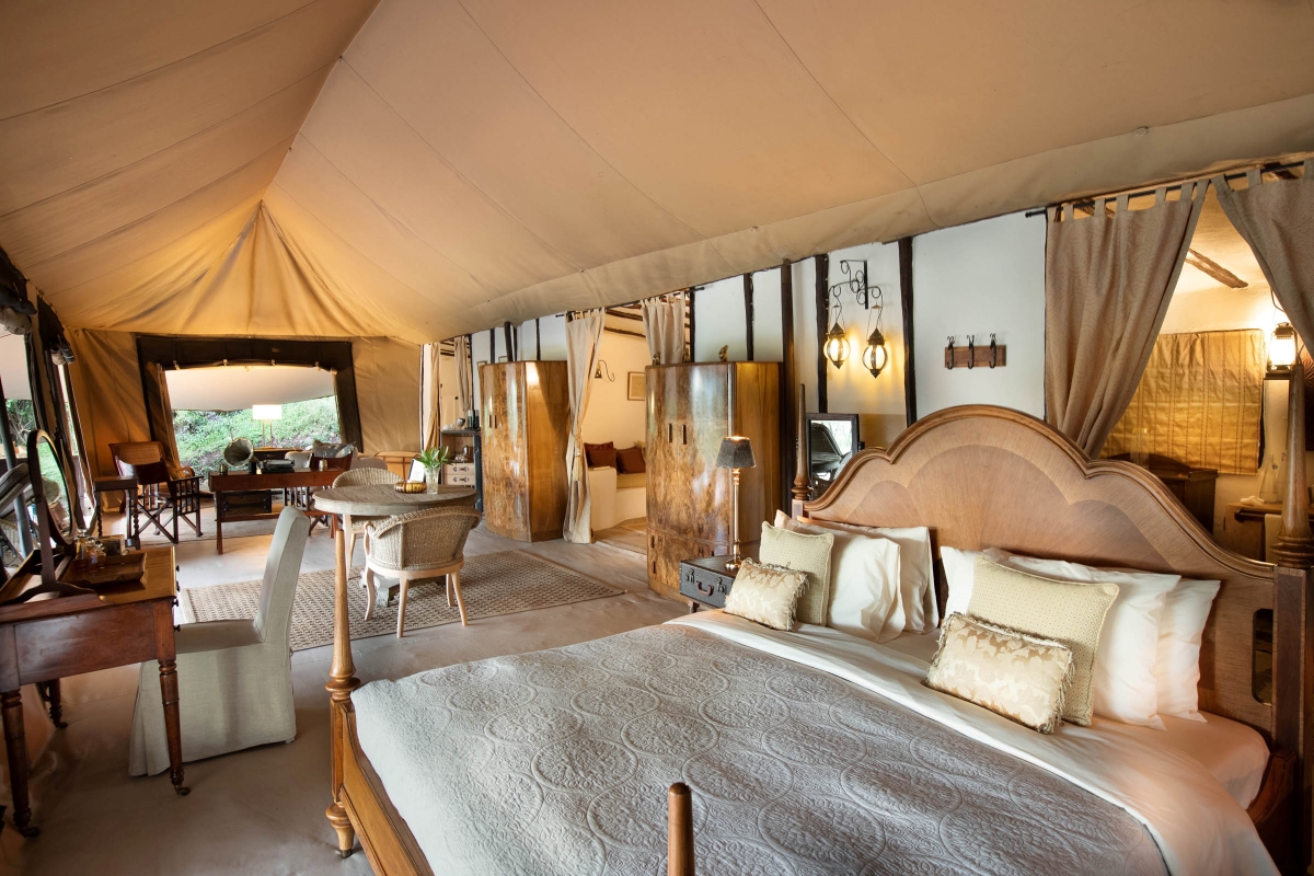 Luxury tent spacious interior boasting opulent décor and furnishings