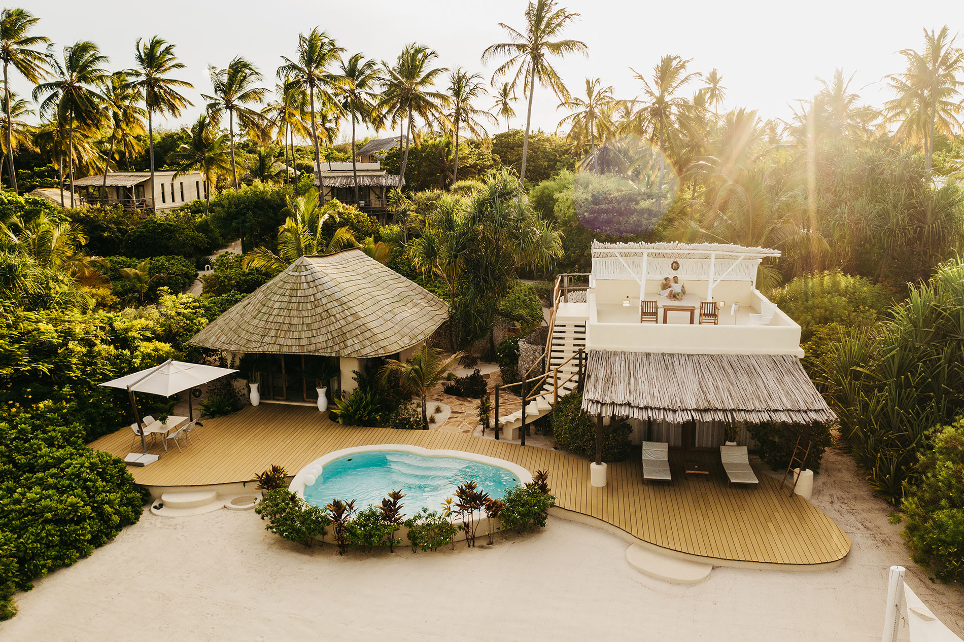 Aerial view of one of the villas and pool