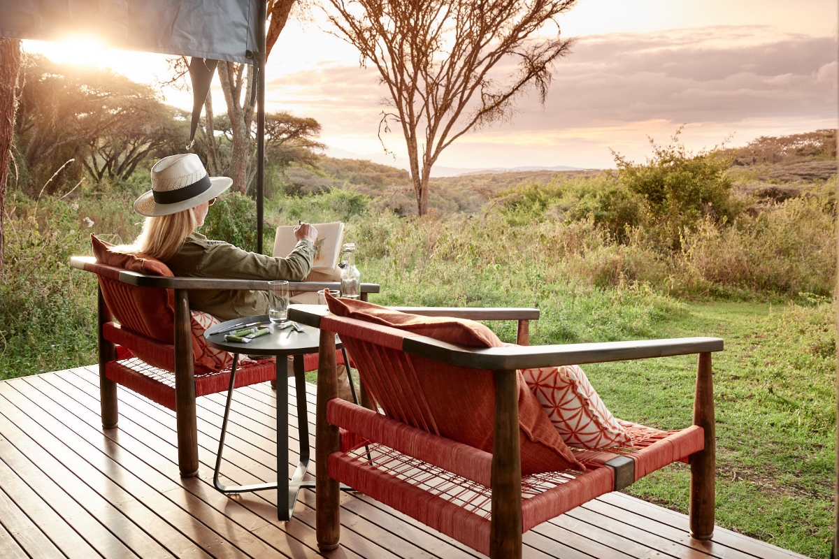 Woman sitting on her private deck