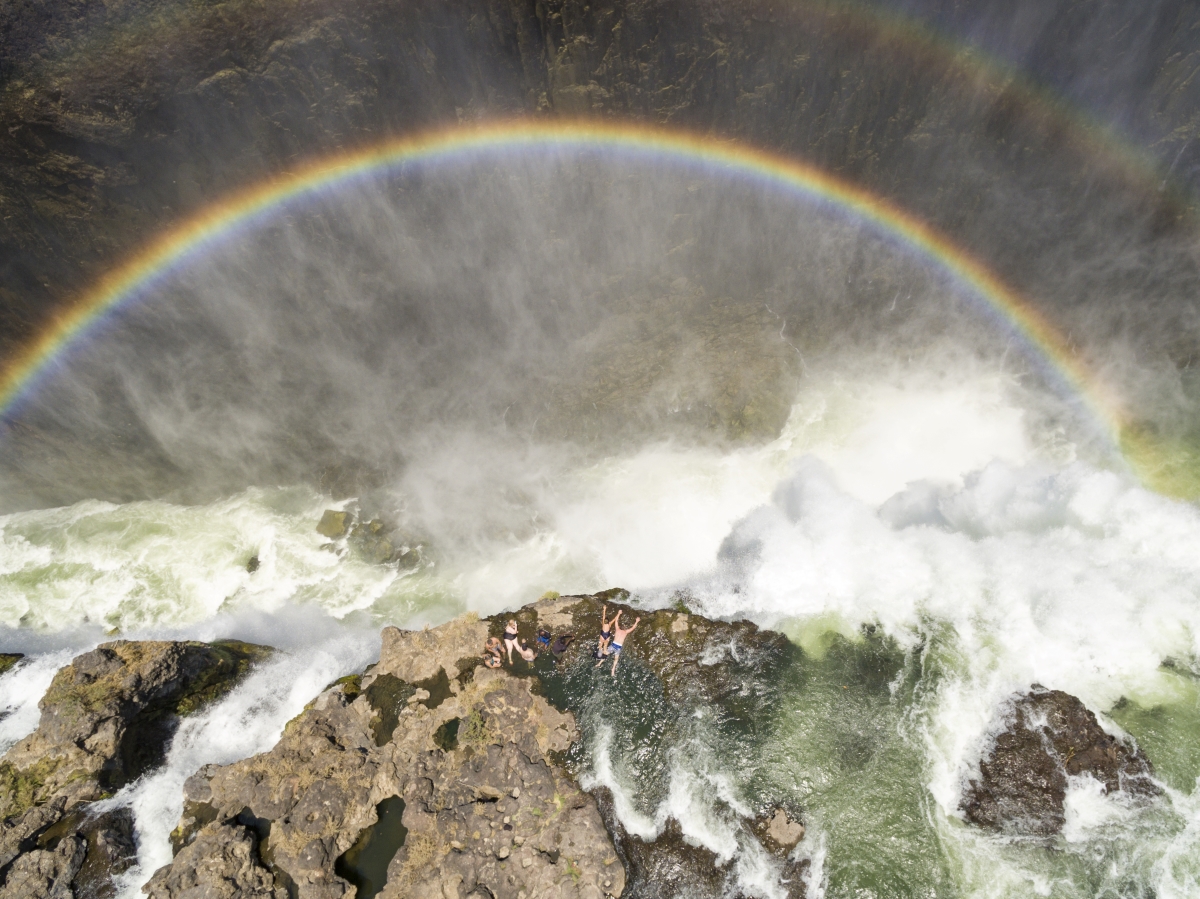 Aerial view of people swimming in Devil's Pool