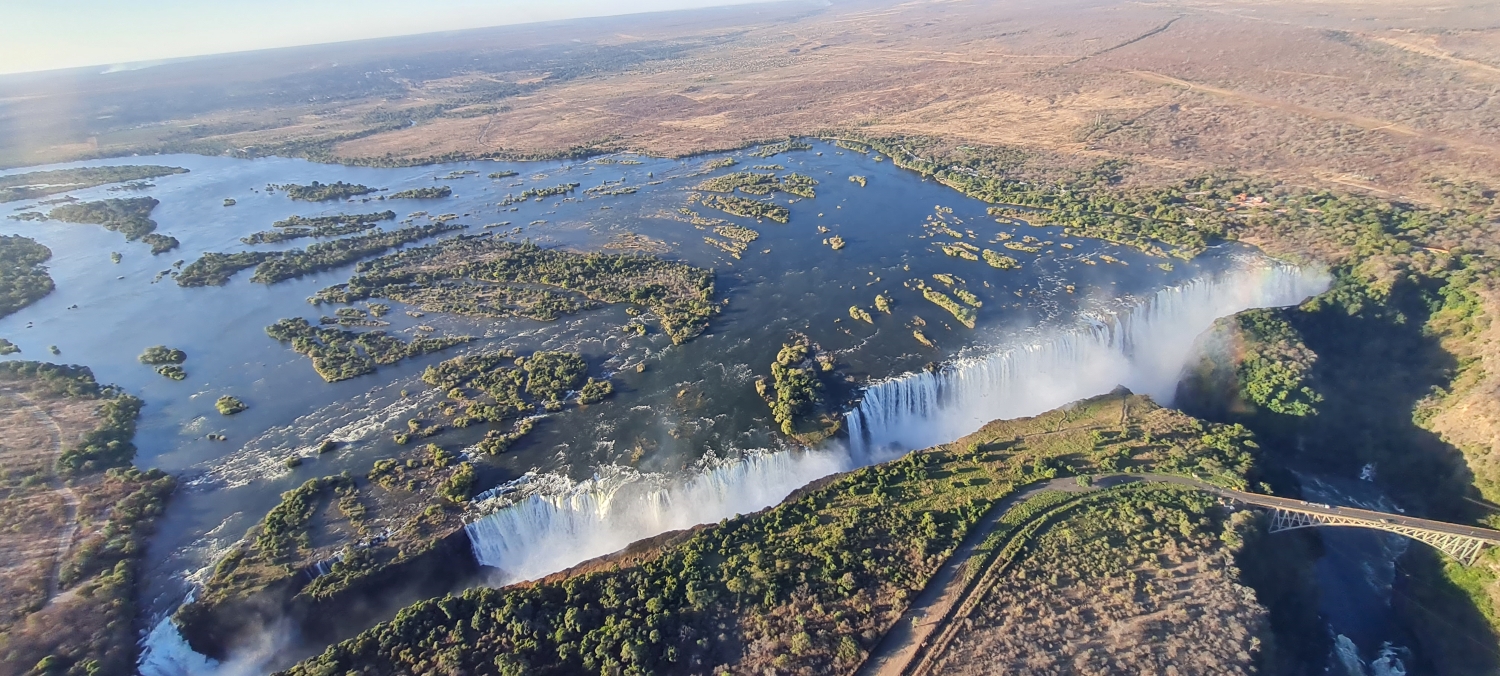 Aerial view of the vast curtain of water of Victoria Falls